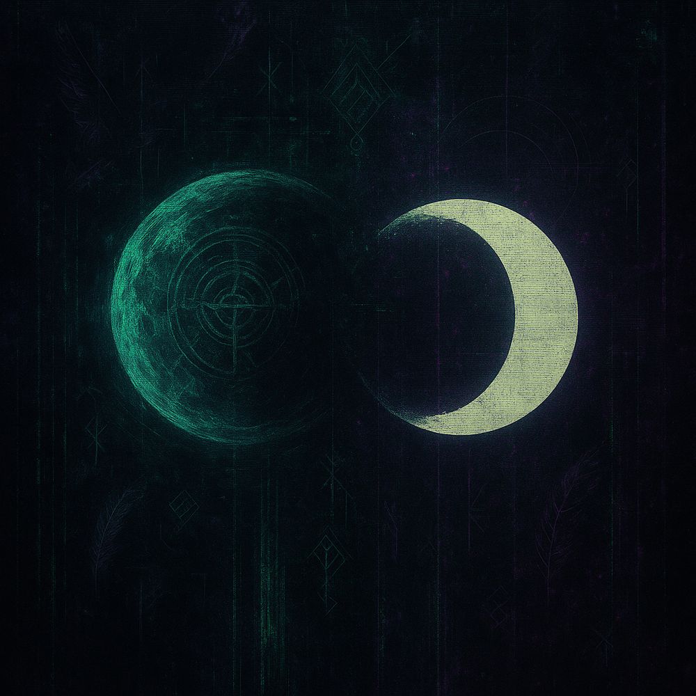 A digital artwork of two moons set against a dark, glitch-textured background with faint matrix-like lines and cryptic symbols. The left moon appears raw and natural, glowing turquoise with mystical sigils etched into its surface. The right moon is clean, artificial-looking, and emits a pale white light in a crescent shape. The surrounding space is filled with subtle static, feathers, and symbols, creating an eerie, liminal, tech-mystic atmosphere.
