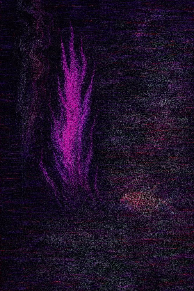 A glitch art digital image features a tall, jagged flame-like form in vivid purple rising from the left side against a dark, distorted background of deep purples and black with red and green noise. On the lower right side, partially obscured by distortion and darkness, is the faint silhouette of a dead goldfish, belly-up, rendered in muted reds and oranges. The overall mood is intense and eerie, evoking themes of psychic rage, hidden truths, and haunting silence.