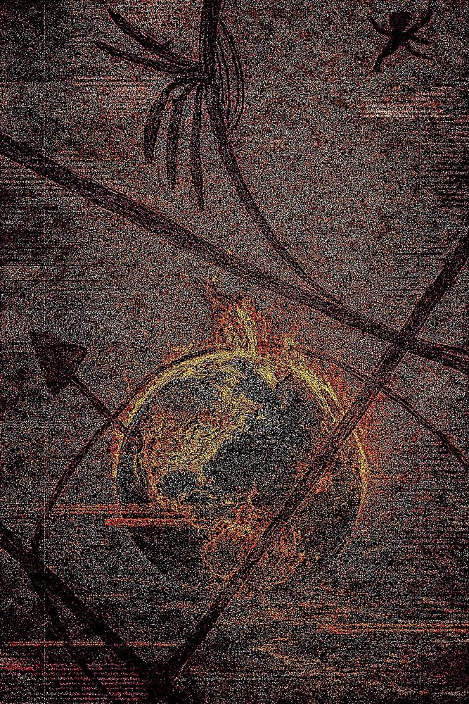 A gritty glitch-art style digital painting of a burning Earth, engulfed in vibrant orange and red flames, centered within a chaotic web of jagged burgundy lines and symbols. The background is a textured haze of dark static and noise, replacing all previous cool-toned glitch streaks with warm, burgundy distortion. A black arrow pierces a circular line near the bottom left, while in the upper corners, a stylized spider and claw-like shape float ominously. The atmosphere is intense, apocalyptic, and abstract, conveying collapse, entrapment, and unraveling through symbolic digital decay.