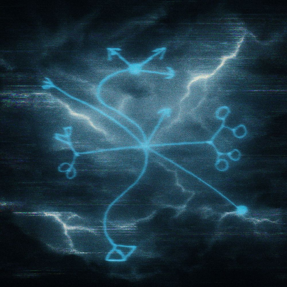 A digital glitch art image featuring a stormy, dark sky illuminated by streaks of lightning. Overlaid faintly in the center is a glowing, semi-transparent cyan sigil composed of curving lines and branching geometric symbols. The background has a CRT-style static distortion, enhancing the eerie, supernatural atmosphere. The sigil blends into the storm clouds, as if part of the lightning itself, evoking a sense of arcane energy and hidden meaning
