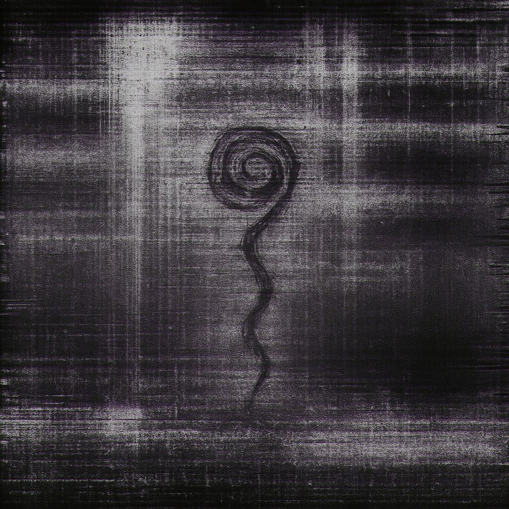 A digital glitch art piece exhibits a distorted, CRT-style static background in grayscale with subtle purple undertones. A spiral symbol with a descending jagged tail appears faintly drawn or burned into the texture, partially obscured by horizontal interference lines and digital noise.