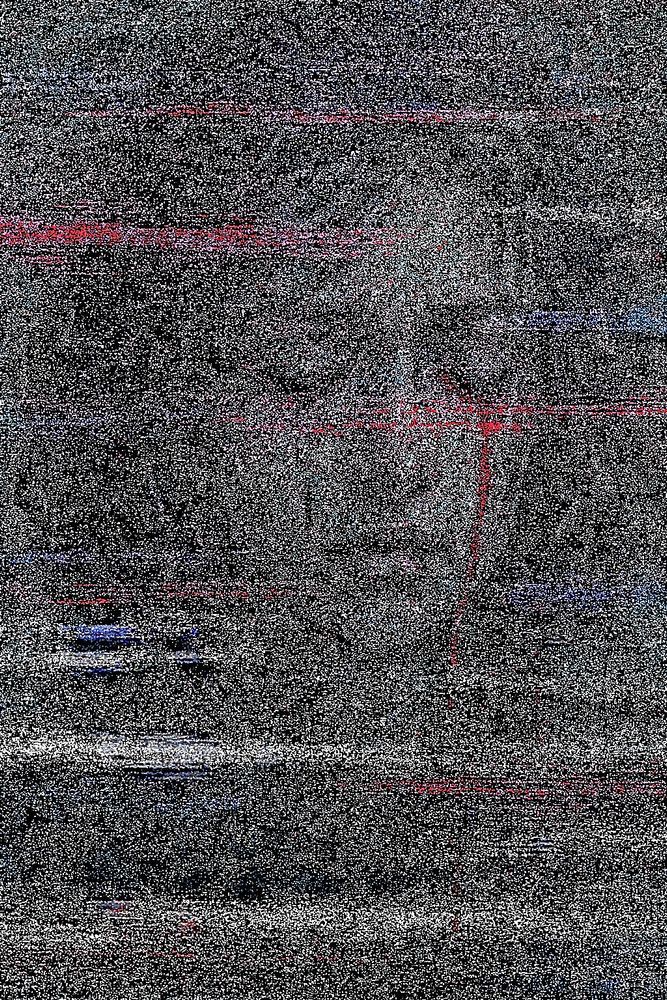 A glitch art digital portrait of a young woman with her eyes closed, her expression heavy with grief. Her face is obscured by intense visual noise, white static dominates the image, interspersed with horizontal streaks of red and blue, evoking the colors of a distorted flag. A vivid red tear runs down her left cheek, the only clearly defined feature amid the chaotic distortion. The overall effect conveys themes of mourning, betrayal, and fractured identity through a storm of digital interference.