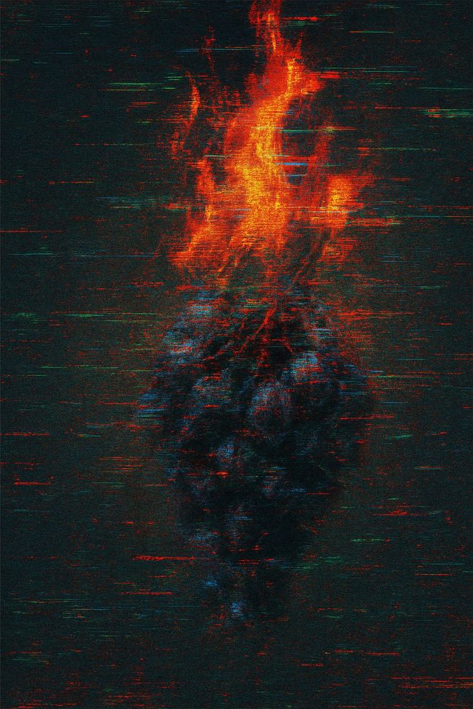 A digitally glitched, surreal image of a burning cluster of grapes. The grapes are dark and shadowy, tinged with blue and red static, and they are engulfed in vivid orange flames that rise dramatically upward. The background is a deep, grainy black with horizontal glitch lines in red, green, and blue, giving the image a distorted, corrupted video aesthetic. The overall mood is intense and symbolic, suggesting themes of destruction, transformation, or corrupted abundance.