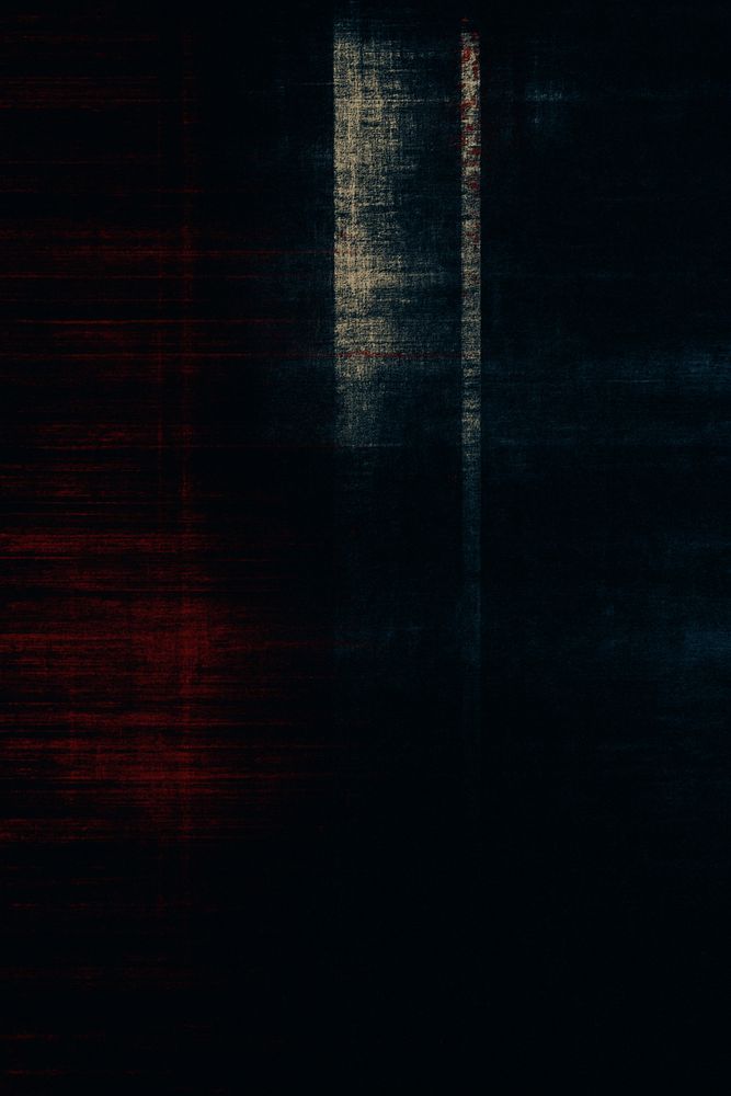 A digital artwork in glitch art style, divided vertically into three sections. The left side features dark, textured red streaks; the center holds a distressed off-white column; and the right side is filled with deep, static-laced navy blue. The entire image has a shadowy, grainy overlay with horizontal digital interference lines, evoking a moody, corrupted aesthetic reminiscent of broken signal transmissions.