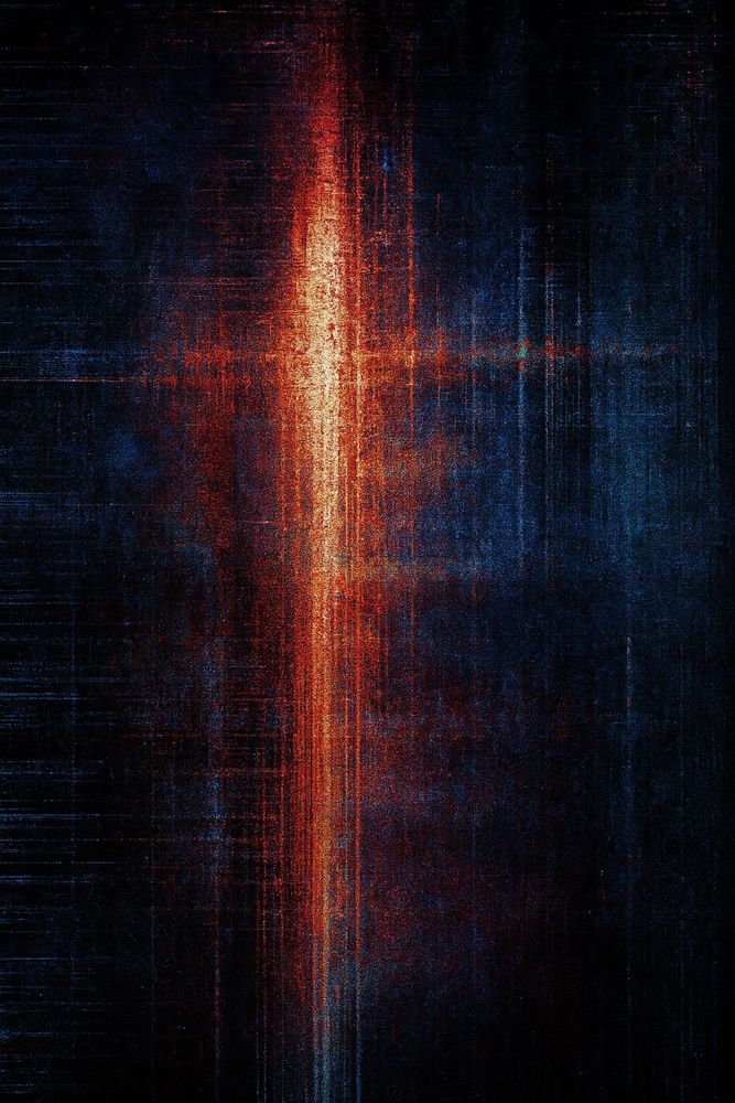 A dark, glitch-style abstract image inspired by a Schumann resonance spike. The composition features a vertical burst of intense red, orange, and white light cutting through a deep, textured background of black, navy, and indigo. The vibrant central column resembles corrupted signal interference or an energy rupture, with scattered pixel-like noise and faint horizontal lines evoking a distressed digital readout. The mood is heavy, ominous, and electric like a warning encoded in static.
