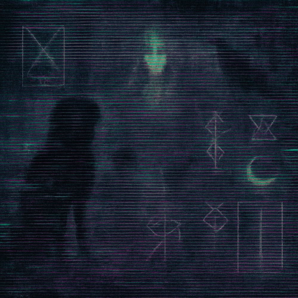 A dark, glitch-art digital image featuring barely visible shadowy figures obscured by horizontal scan lines and static noise. On the left, a large black dog-like silhouette stands watchfully. In the center, an ethereal feminine figure with faint, glowing features gazes forward. On the right, a black bird—possibly a raven—perches above a set of arcane symbols, including a crescent moon and abstract sigils. The image is distorted with digital tearing, pixelation, and neon green and purple interference, evoking the feeling of a corrupted transmission or haunted frequency.