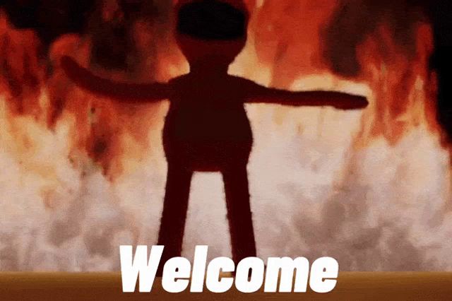 a cartoon character is standing in front of a fire and the word welcome is on the bottom right