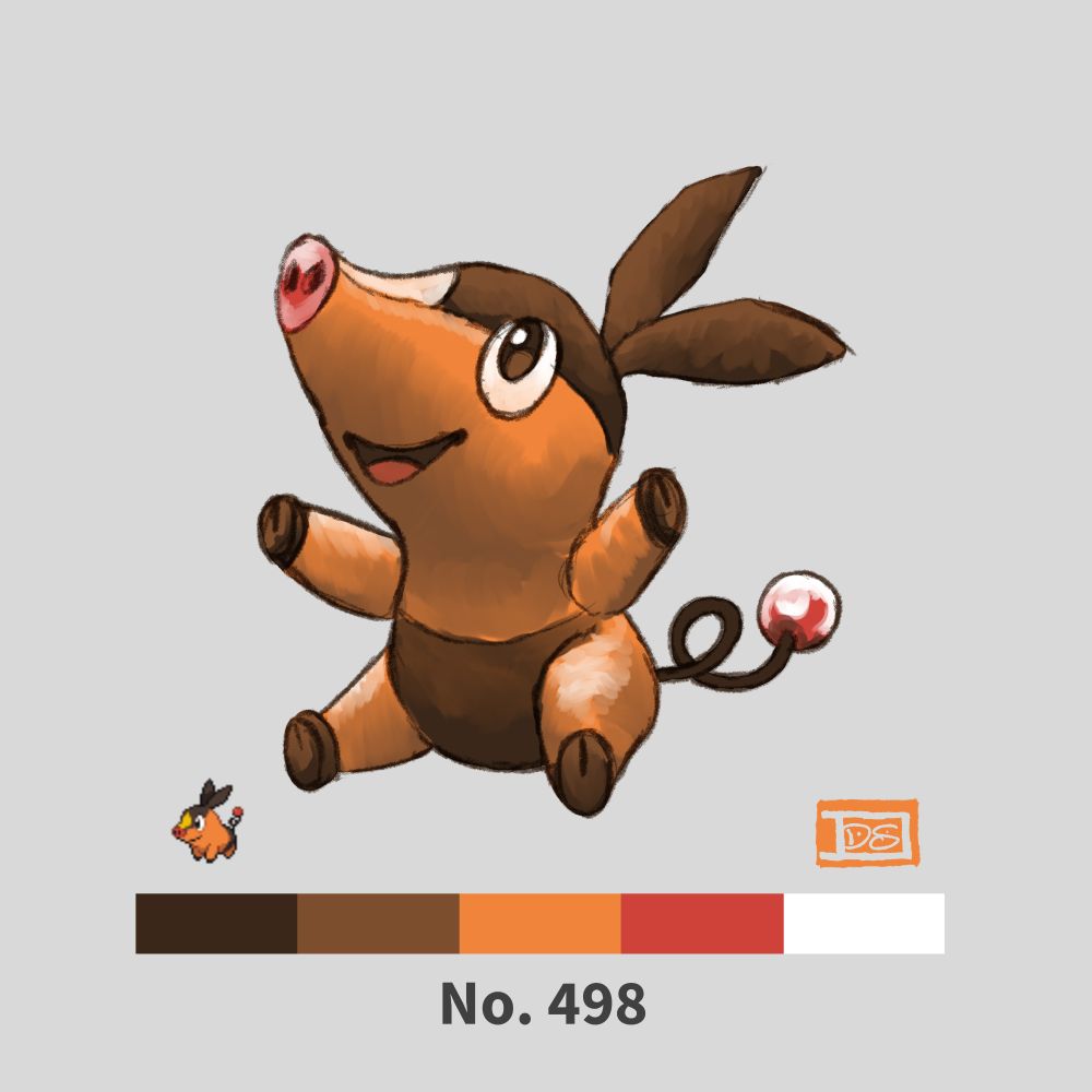 Digital illustration of the pokemon Tepig rendered in a limited palette based on its generation 5 sprite artwork.  The palette is laid out horizontally below, followed by its pokedex number, 498.