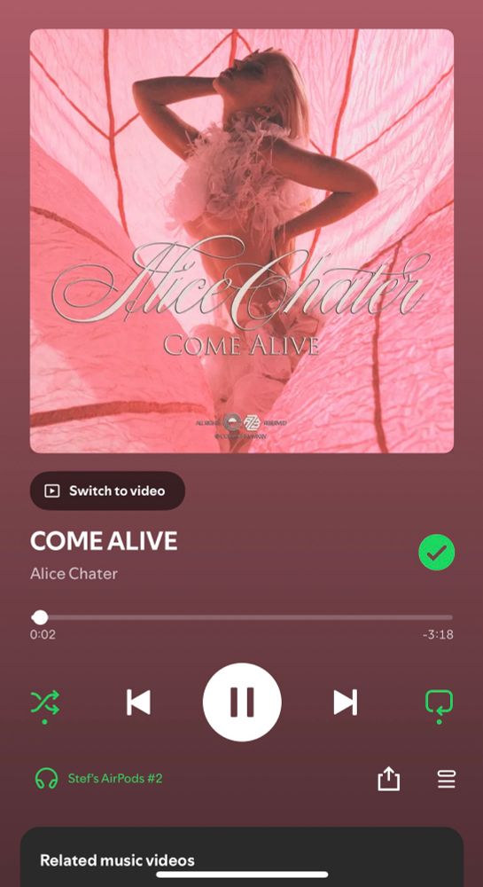 Screenshot of Spotify showing Alice Chater’s single COME ALIVE