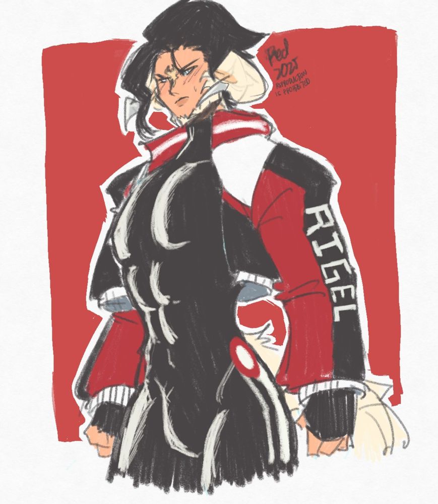a sketch of an Au Ra character wearing a bomber jacket in red, white and black, with the word RIGEL written on the side of the jacket sleeves. He wears a black bodysuit underneath. he's a little embarrased by his outfit.