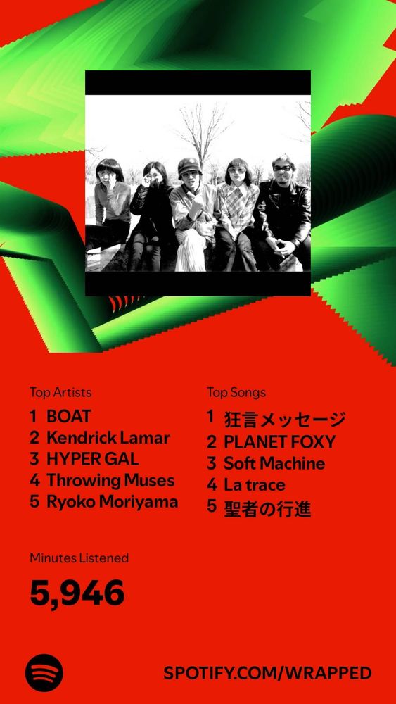 A Spotify Wrapped. The top 5 artists are listed as the following, respectively: BOAT, Kendrick Lamar, HYPER GAL, Throwing Muses, Ryoko Moriyama.