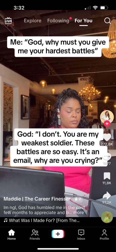 Screenshot of a TikTok that has a woman with her eyes close sitting at two computers and the caption say me God why must you give me your hardest battles God I don’t you are my weakest soldier. These battles are so easy it’s an email why are you crying?