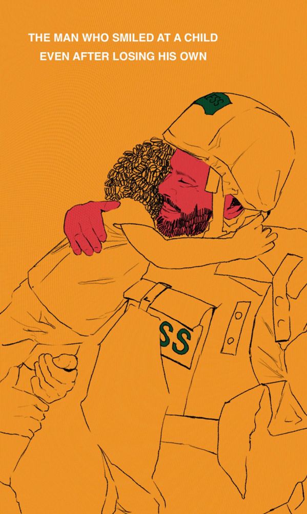 Sketch of a man wearing a press outfit with a helmet hugging a young child. The text says the man who smiled at a child, even after losing his own