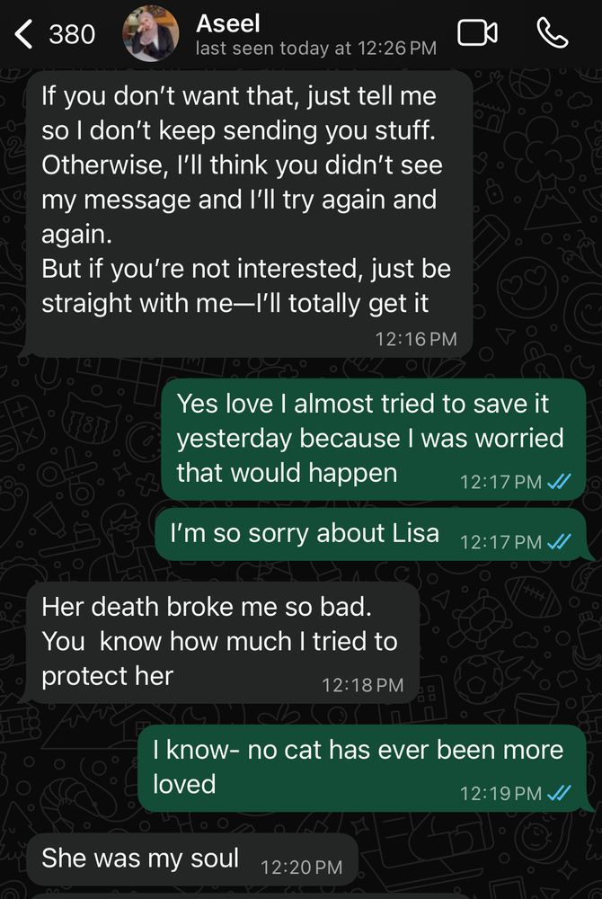 380
Aseel
last seen today at 12:26 PM
If you don't want that, just tell me so I don't keep sending you stuff.
Otherwise, I'll think you didn't see my message and I'll try again and again.
But if you're not interested, just be straight with me—l'll totally get it
12:16 PM
Yes love I almost tried to save it yesterday because I was worried that would happen
12:17 PM //
I'm so sorry about Lisa
12:17 PM VI
Her death broke me so bad.
You know how much I tried to protect her
12:18 PM
I know- no cat has ever been more loved
12:19 PM J/
She was my soul
12:20 PM