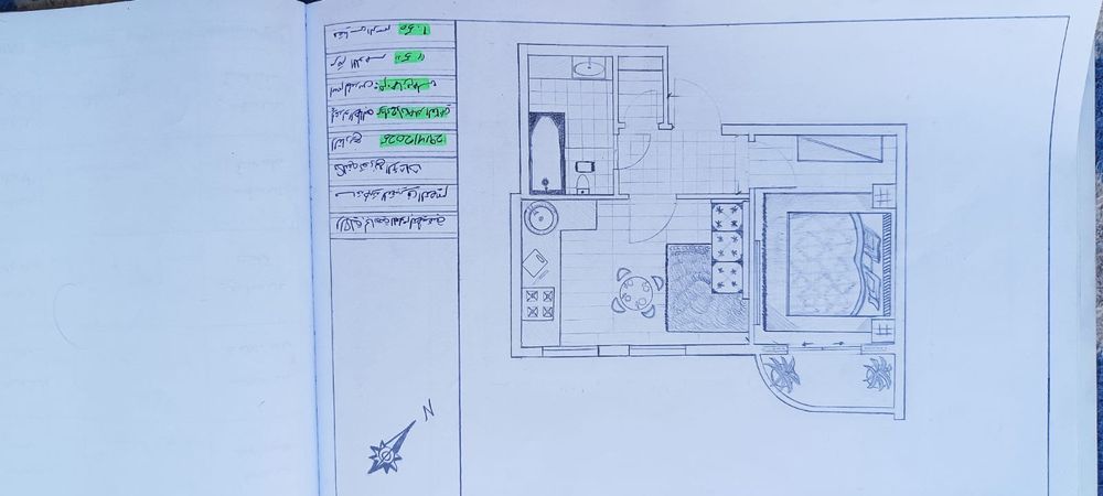 Interior design sketch of a bedroom and bathroom