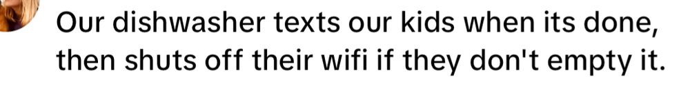 Our dishwasher texts our kids when its done, then shuts off their wifi if they don't empty it.