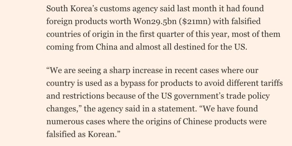 South Korea’s customs agency said last month it had found foreign products worth Won29.5bn ($21mn) with falsified countries of origin in the first quarter of this year, most of them coming from China and almost all destined for the US.
“We are seeing a sharp increase in recent cases where our country is used as a bypass for products to avoid different tariffs and restrictions because of the US government’s trade policy changes,” the agency said in a statement. “We have found numerous cases where the origins of Chinese products were falsified as Korean.”