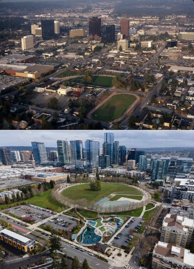 Photograph comparing skyline of Bellevue, WA in the late 80s to ~2024