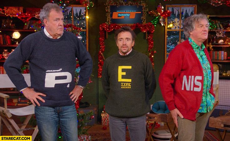 One of the many penis-based Top Gear jokes. In this one, it's spelled out in letters on sweaters worn by (from left) Jeremy Clarkson, Richard Hammond, and James May.