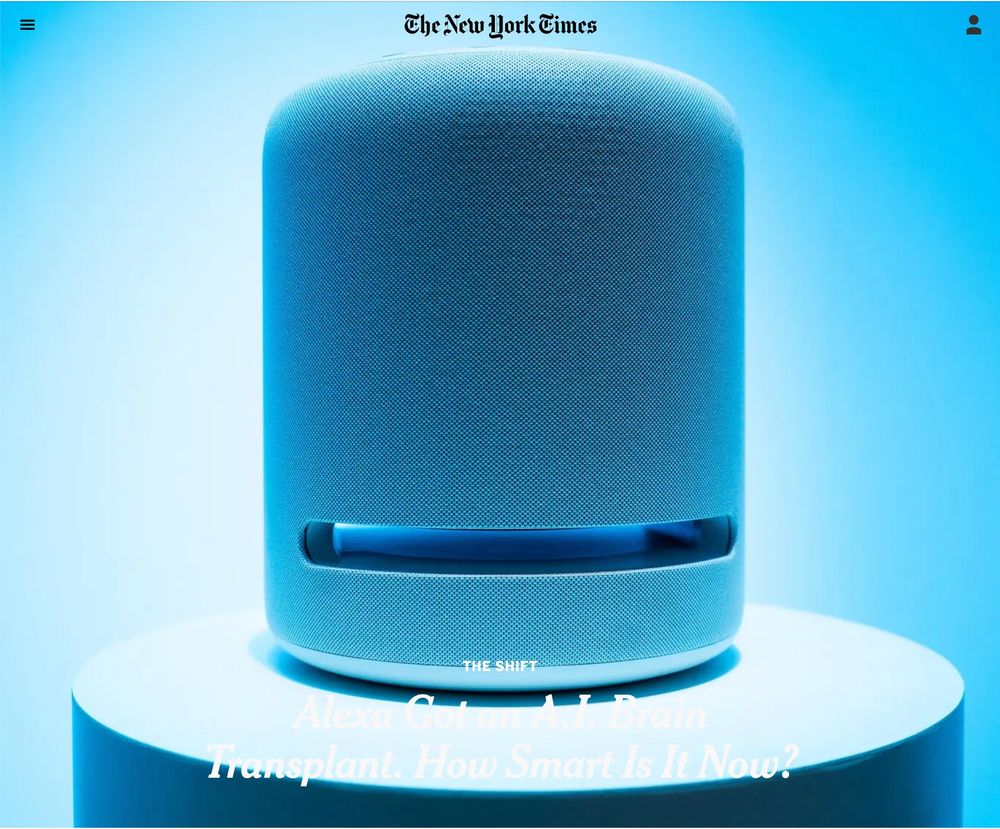 A N.Y. Times story about Alexa+ with a headline design that places white text over a large white part of the image, making it virtually unreadable. 