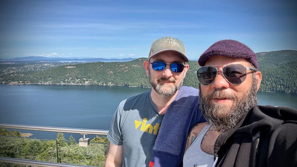 With @trappersf.bsky.social at the top of the Malahat Skywalk (Mount Baker faint in the distance) 