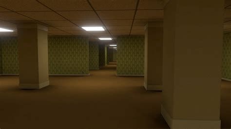 A still image of the backrooms complete with three pillars and a hallway in the back, presumably leading to more rooms 