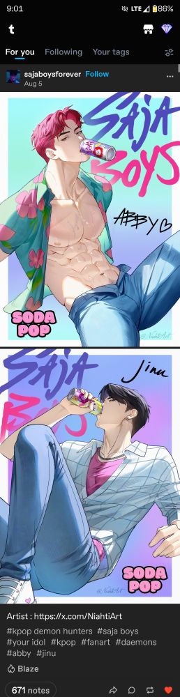 A Tumblr post of Abby and Jinu from Saja Boys fanart from KPop Demon Hunters