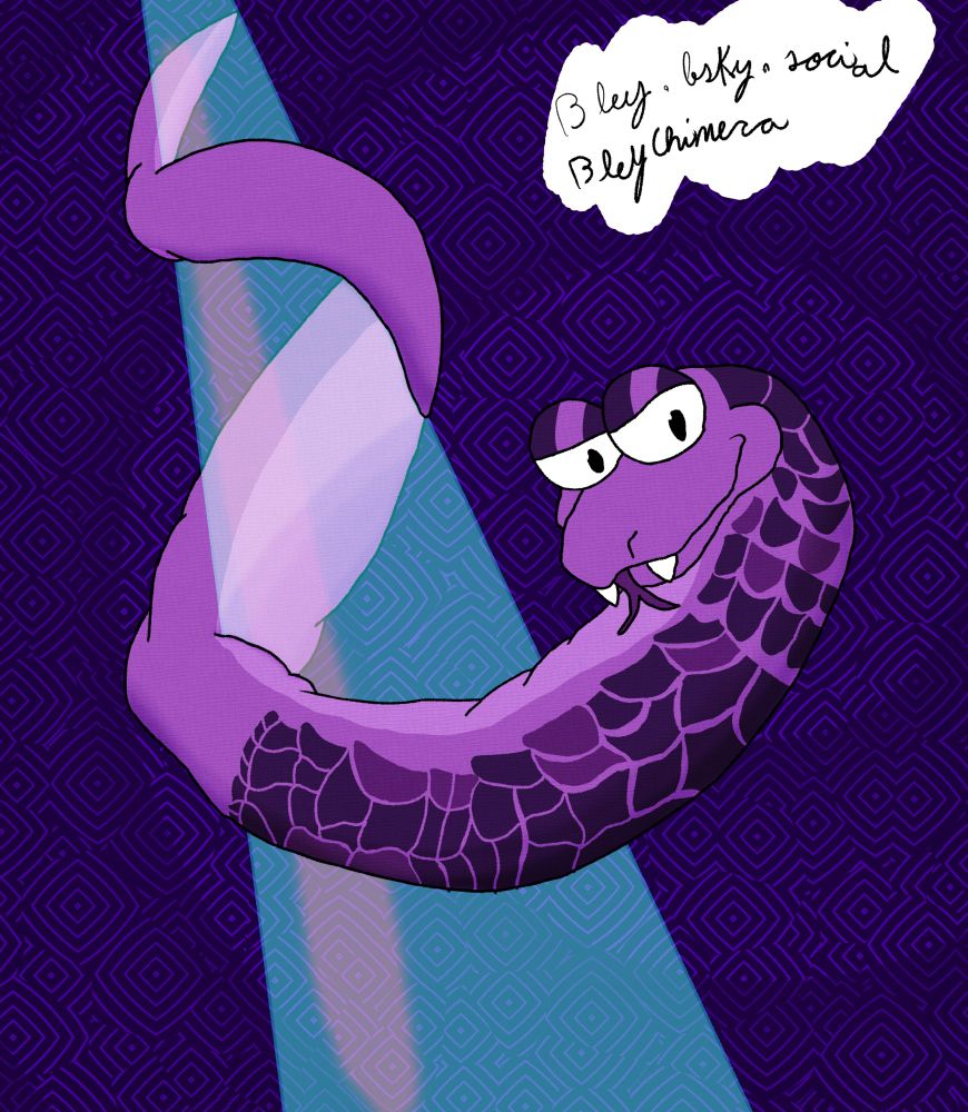 A purple muppet snake slithering around a glass tube.