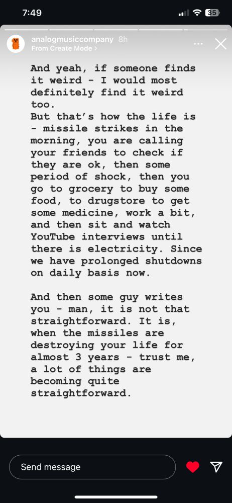 And yeah, if someone finds it weird I would most definitely find it weird too.

But that's how the life is missile strikes in the morning, you are calling your friends to check if they are ok, then some period of shock, then you go to grocery to buy some food, to drugstore to get some medicine, work a bit, and then sit and watch YouTube interviews until there is electricity. Since we have prolonged shutdowns on daily basis now.

And then some guy writes you man, it is not that straightforward. It is, when the missiles are destroying your life for almost 3 years trust me, a lot of things are becoming quite straightforward.