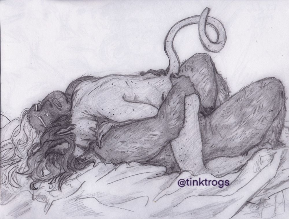 Two masculine individuals are having sex. The larger hairy man, an elf drow with small orc-like tusks is laying on his back and holding his lover's ass. A smaller tiefling man is on top, draped over the larger man. His tail is up and twisting in the air as his partner penetrates him. Both men's eyes are closed, cherishing the moment.
