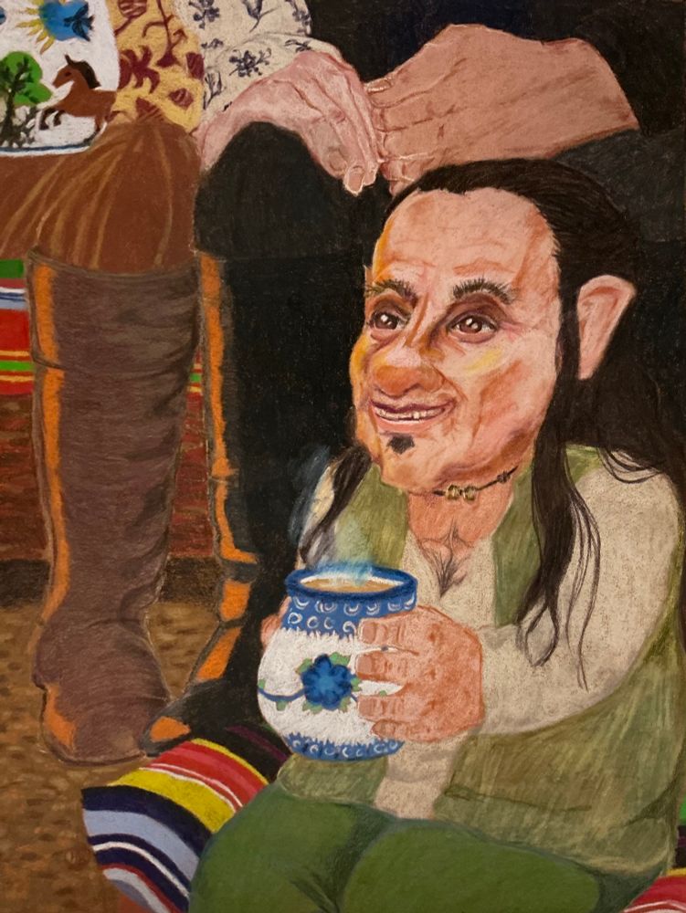 My artwork of Percival Schuttenbach sat near to the campfire enjoying a hot cuppa. We see the legs and lower torsos of Jaskier and Geralt in the background and they’re clearly flirting. I’ve illustrated traditional Polish pottery designs and striped fabric. 