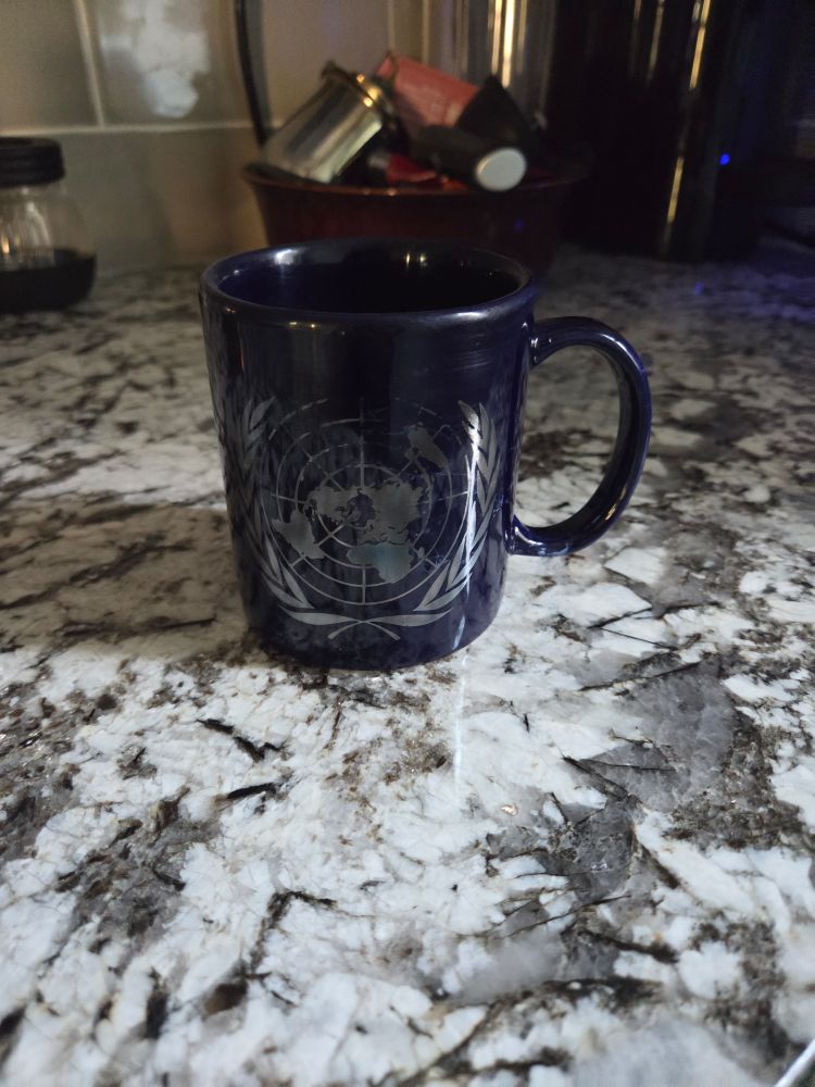 Dark blue mug with United Nations logo in silver.