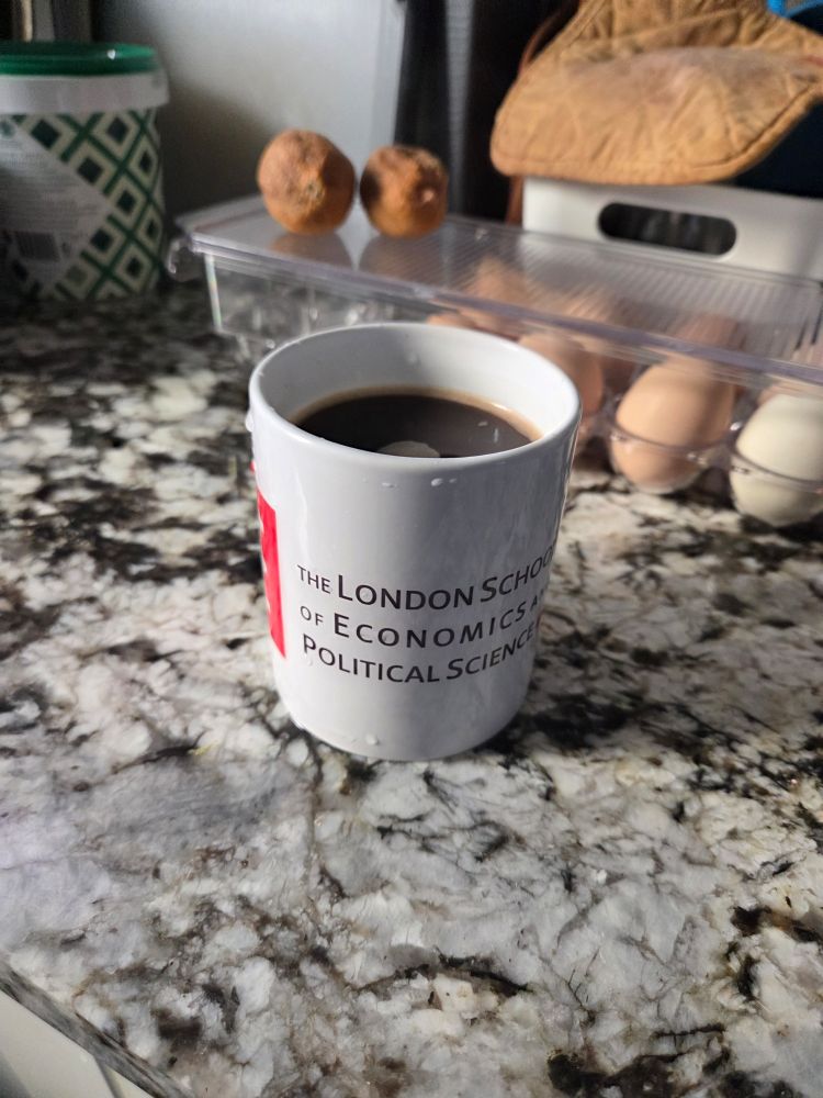 White mug with "the London school of economics and political science" in black lettering. The LSE's red logo is just visible on the left.