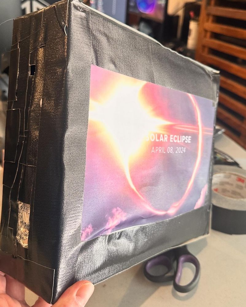 made a pinhole box projector for Solar Eclipse today!
4/8/2024 - 3:23 PM EST!
a pinhole box projector to safely view the solar eclipse today!