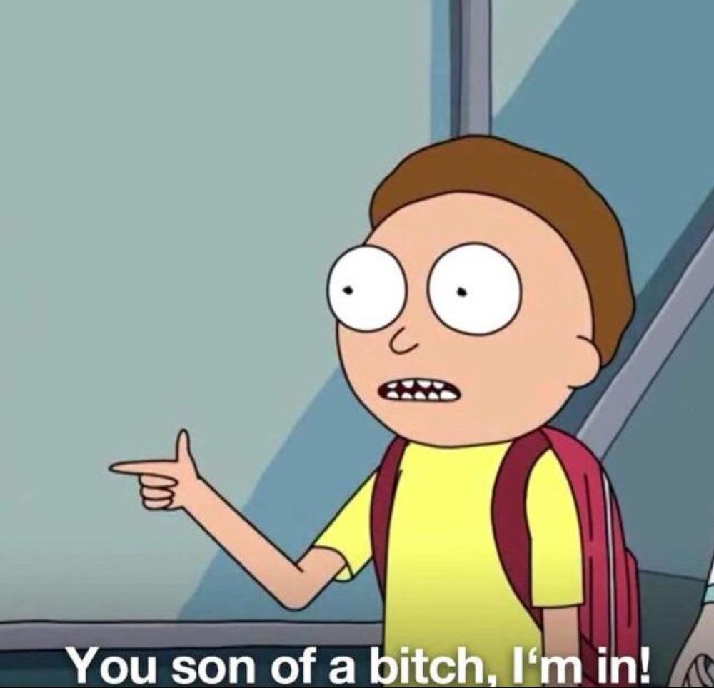 Morty agreeing to do the heist. You son of a bitch, I'm in!
