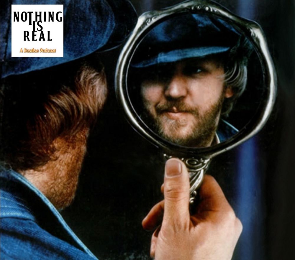 Harry Nilsson holding up a mirror. His face can only be seen in the reflection. Top left is the logo of the Nothing Is Real podcast. 