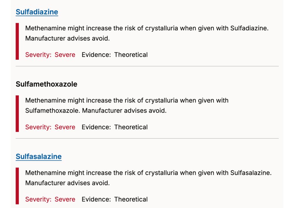 Text from British National Formulary advising against giving various sulfonamide antibiotics with methenamine due to risk of crystalluria. Manufacturer advises avoid. Severity: severe. Evidence: theoretical.