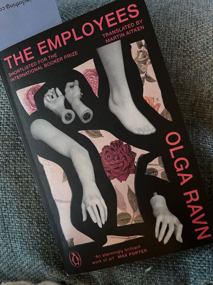 A copy of Olga Ravn’s short novel ‘The Employees’ sits on a blue cushion. 