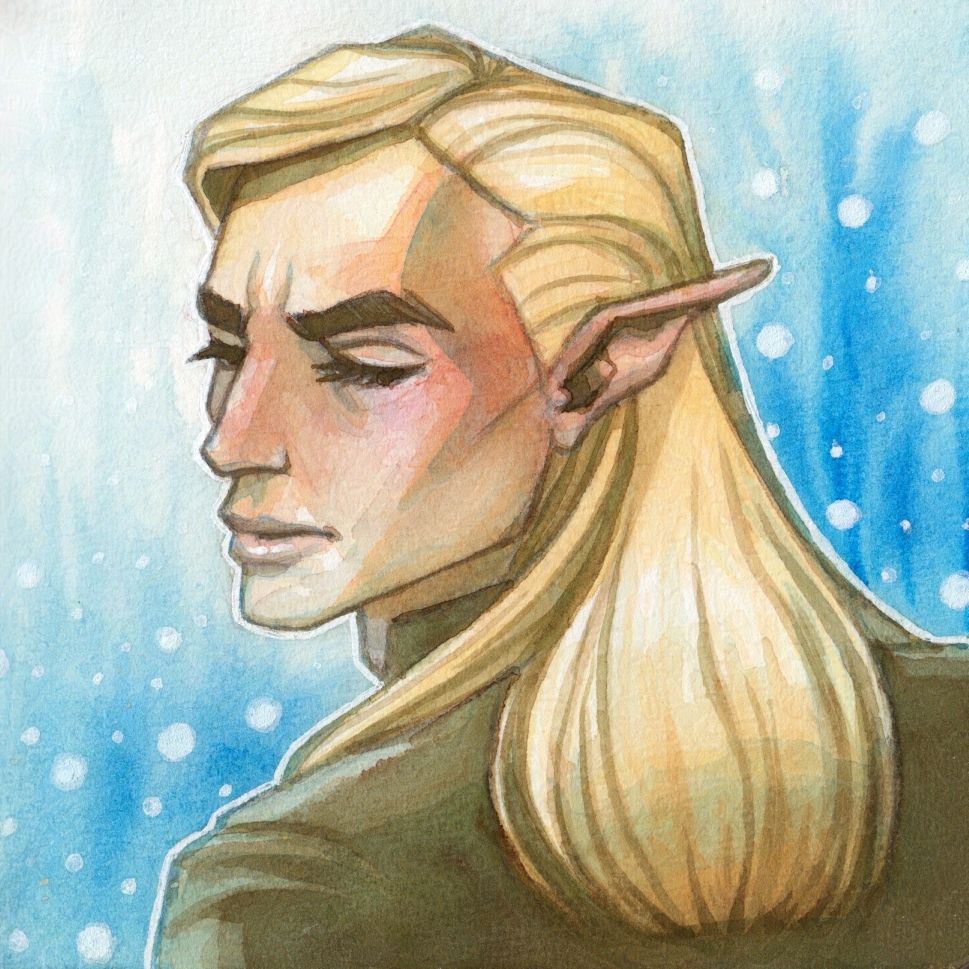 Image of an elf looking over his shoulder with a look of disdain. He has long blond hair, and long pointy ears, in a dark jacket with a high collar. the background is a clear blue wash with white bubbles