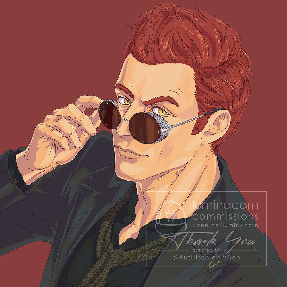 A commissioned fan art of Crowley from "Good Omens", a British fantasy comedy series on Prime Video. The charming devil with fiery red hair is peering over his sunglasses, showing his yellow snake eyes.