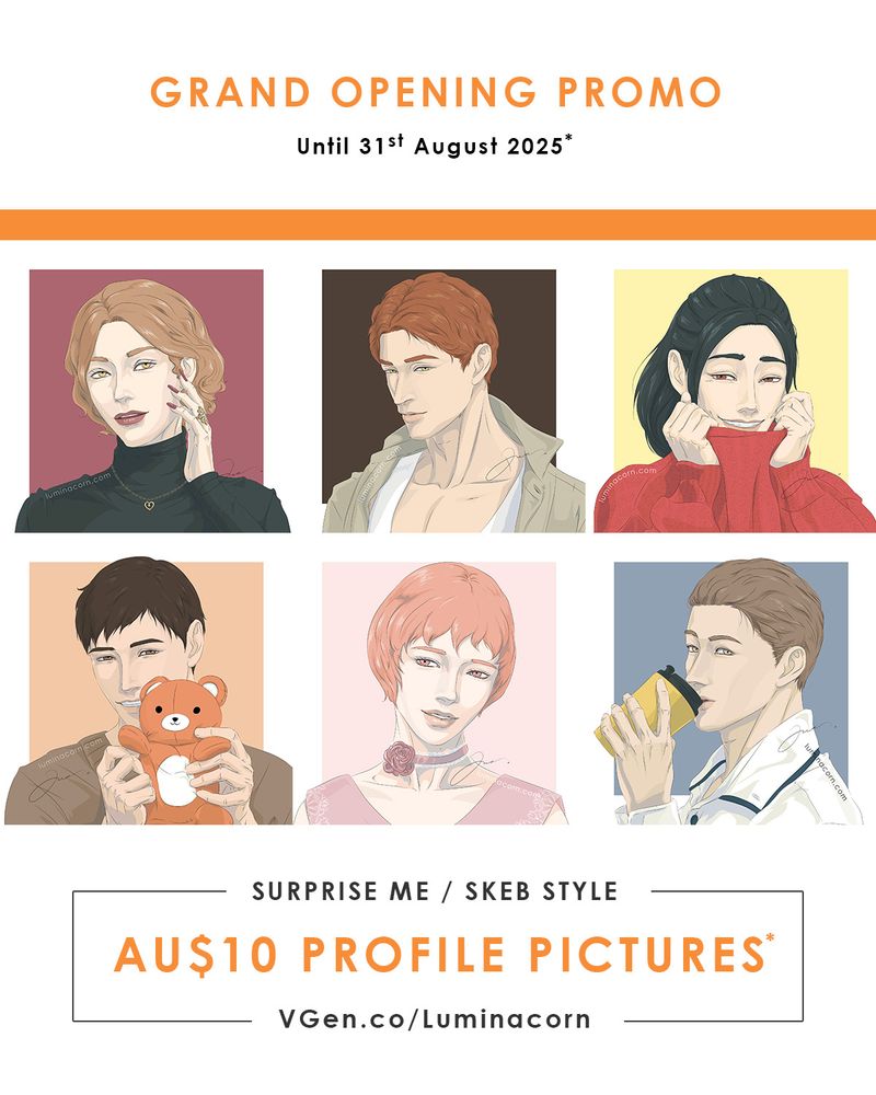 A promotional poster for the grand opening of my art commission services on VGen.co. The collage features six custom made profile pictures of characters in a shoulder crop with varying expressions.