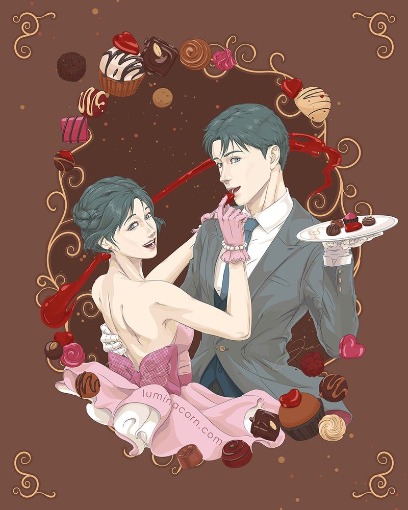 Saki and Keisuke of @itsuki-sugimoto.bsky.social in my style, in a dance pose surrounded by various chocolate truffles. Saki is playfully feeding a heart shaped chocolate to Keisuke. The illustration is finished with a frame that was inspired by gold chocolate stencils.