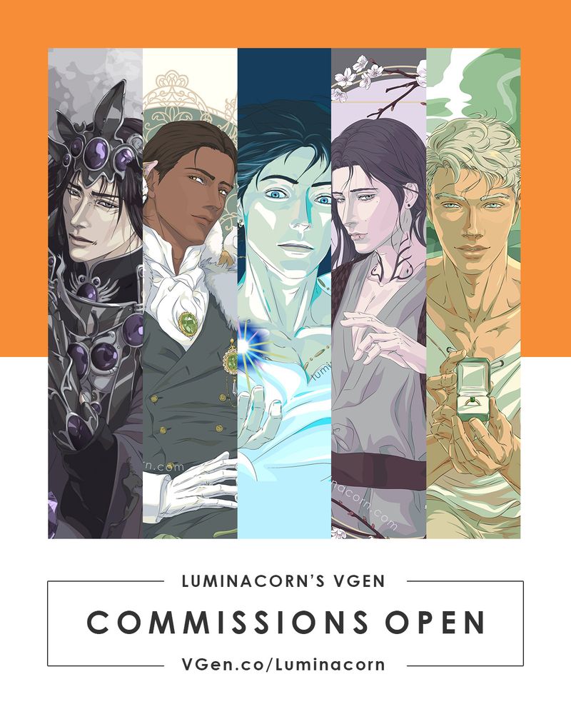 A promotional poster for the grand opening of my art commission services on VGen.co. The collage features various anime fan art and an original male character illustration.