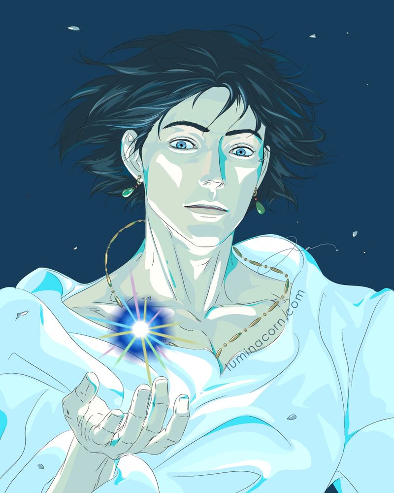 Howl from Howl’s Moving Castle floating in the night sky and gently capturing a piece of star. I adore the scene in the animation where young Howl swallows a star and how he flies so effortlessly throughout the movie. So I decided to combine the two in this fan art.