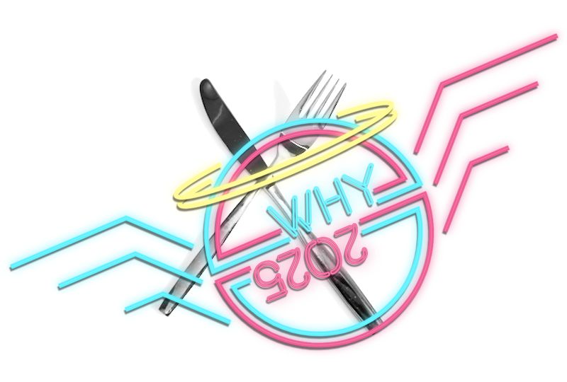 WHY2025 Angel logo with a knife and fork in the background