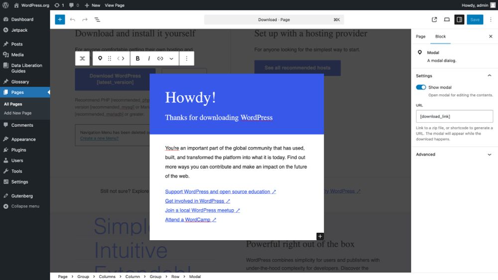 A screenshot of the WordPress page editor, with a modal open over the editor area. The modal content is also editable as blocks.