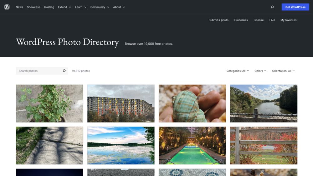 A screenshot of the WordPress Photo Directory, with a new theme matching the style and layout of the rest of the redesigned site. It has a 4 columns of images, a black header, a search box, and new filters which can be combined to find photos by category, color, and orientation.
