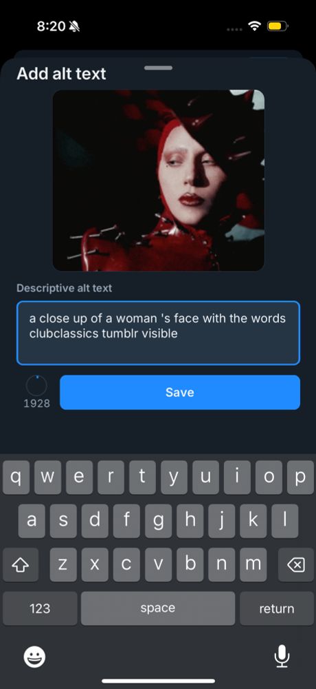 Screenshot of BlueSky’s mobile app in the “Add alt text” prompt for a GIF of Lady Gaga in her Abracadabra music video. The auto-generated alt text says “a close up of a woman 's face with the words clubclassics tumblr visible”