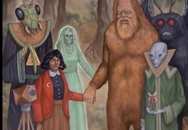 A drawing of a clandestine meeting between Bigfoot, Moth Man, and some weird aliens maybe?