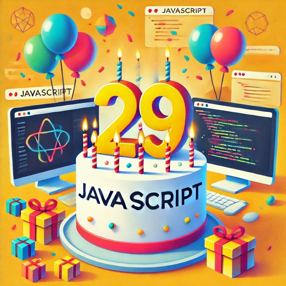 A celebratory birthday-themed illustration for JavaScript's anniversary. The scene includes a festive cake with '29' candles, balloons, and confetti in a web development setting. The cake features JavaScript's iconic yellow logo (a simple square with 'JS' in bold) prominently displayed. Background includes subtle elements like monitors, code snippets, and browsers to highlight JavaScript's impact on the web. Bright and cheerful colour palette with a modern and tech-inspired style.